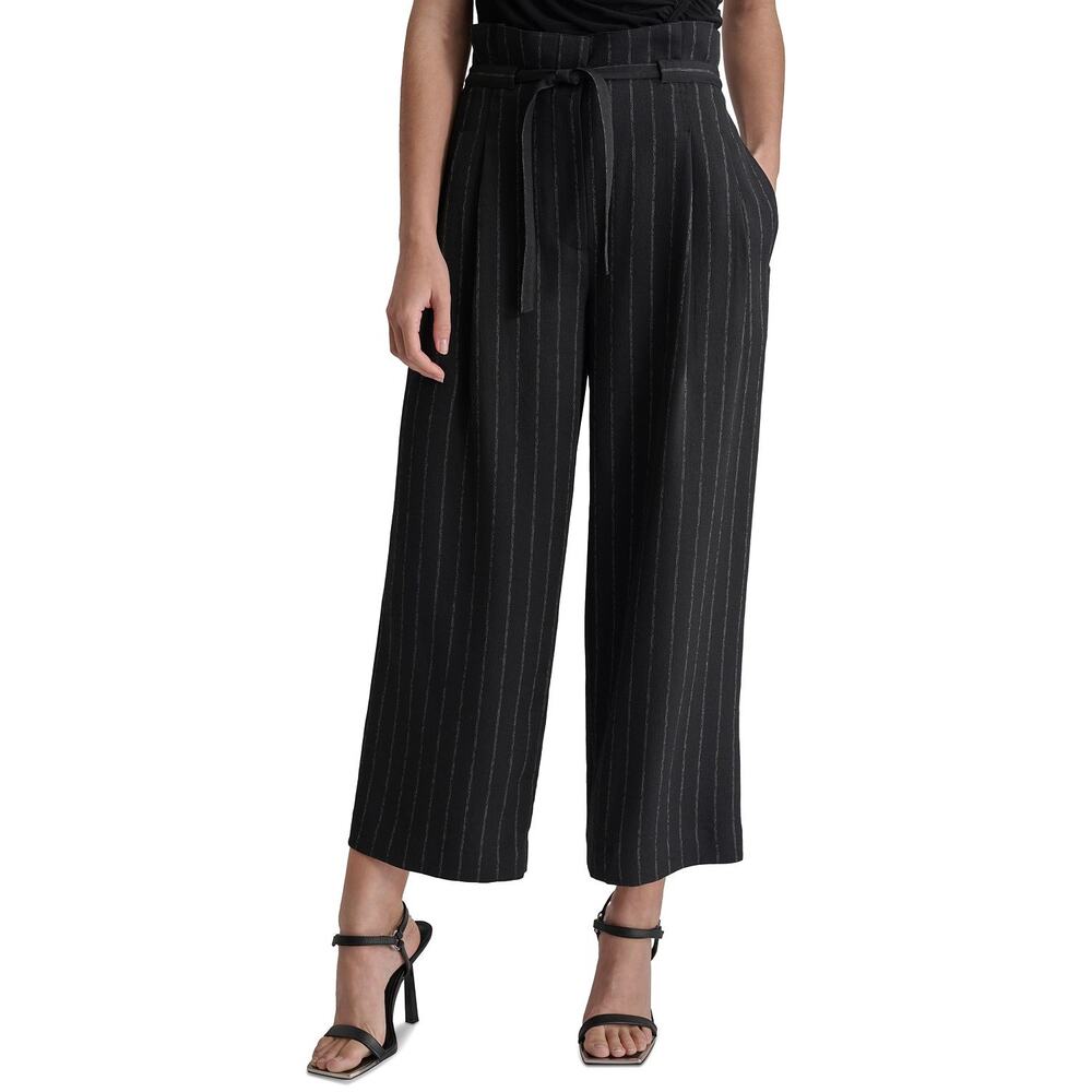 DKNY Women's Pinstripe Mid Rise Paperbag-Waist Cropped Pants Black NEW Size 16